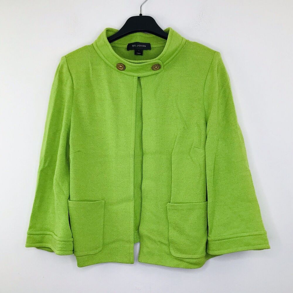 St John Women's 8 Cardigan Santana Knit Shoulder Pads Buttons Pockets Green Flaw